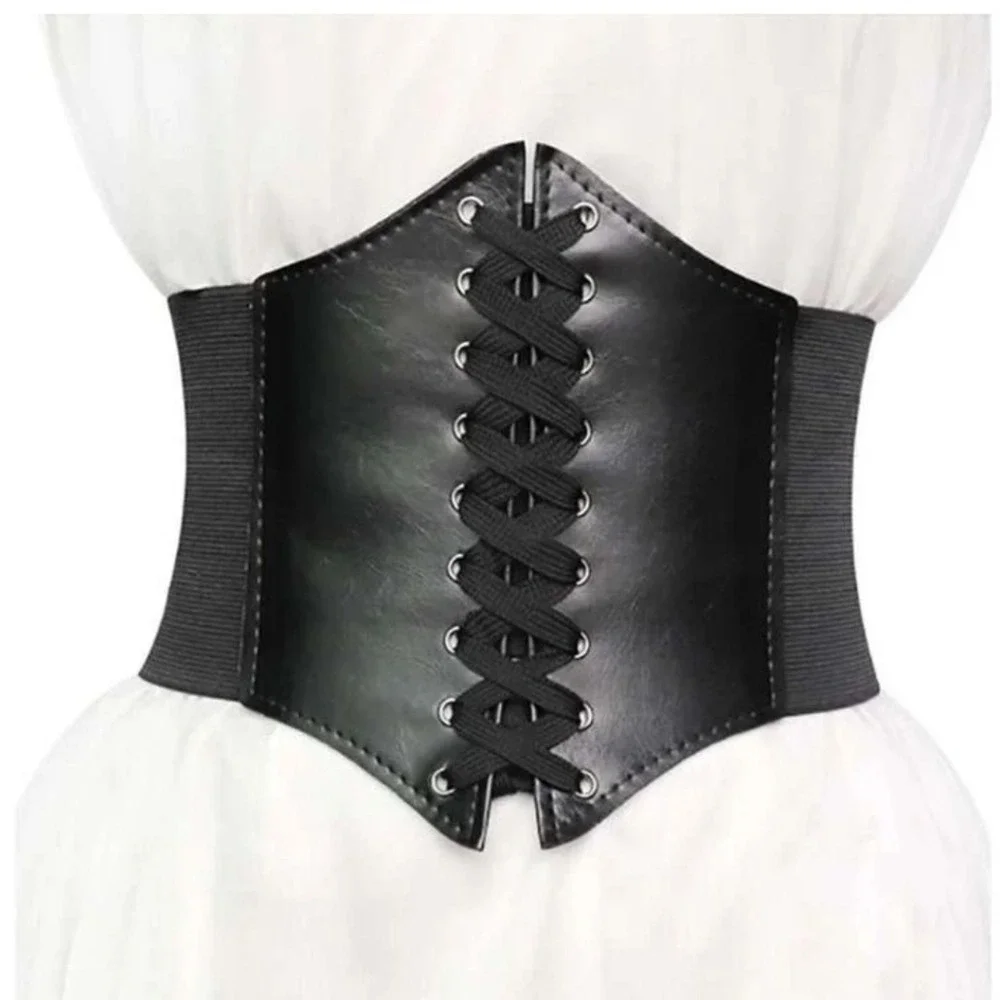Black Lace Up Corset Wide Waist Belt L Faux Leather Stretch Cincher accessory